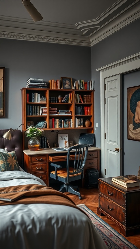 A cozy masculine study nook featuring a wooden desk, bookshelf filled with books, and a comfortable chair.