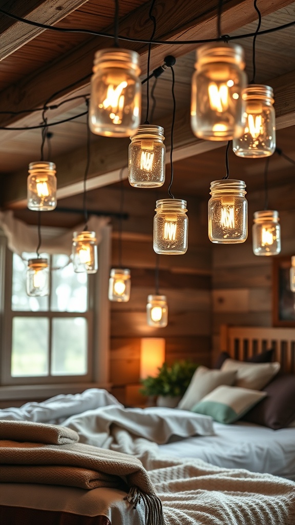 Hanging mason jar lanterns in a rustic bedroom setting