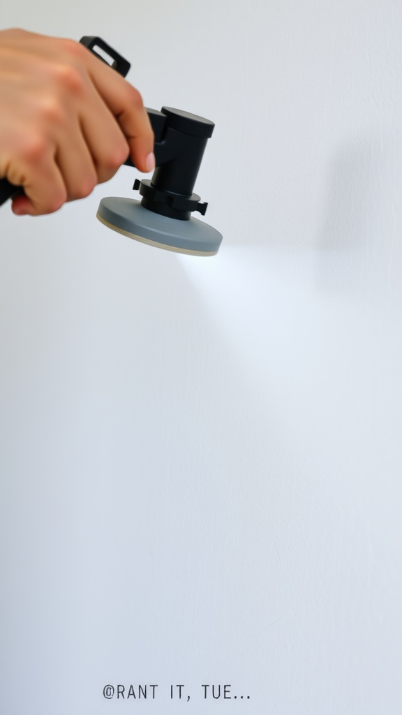 A person holding a paint sprayer, preparing to spray paint on a white wall.