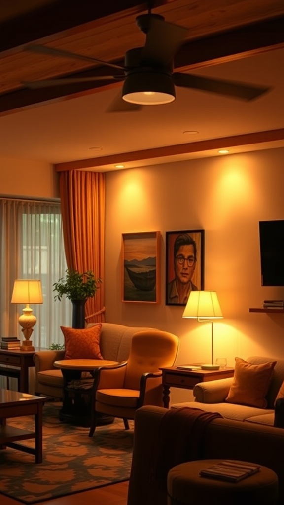 A cozy living room with soft warm lighting, featuring a sofa, a coffee table, lamps, and a plant.