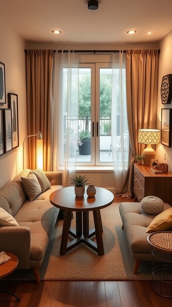 Cozy small living room with a round dining table and two sofas, featuring neutral colors and soft lighting.