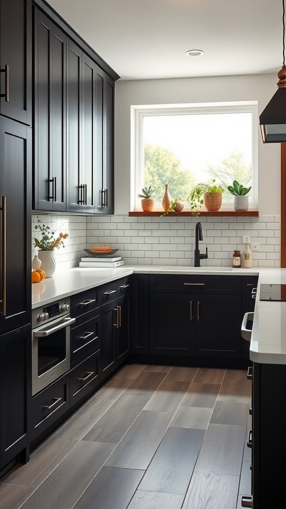 A kitchen with matte black cabinets, white countertop, and potted plants in a bright setting.