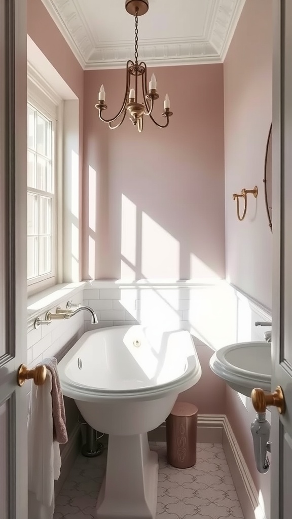 A small bathroom with mauve walls, a vintage chandelier, and a bathtub.