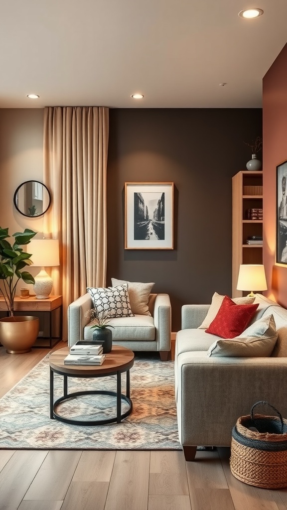 Cozy small living room with a dining area, featuring warm colors and comfortable furniture.