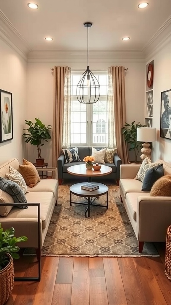 A small living room with two sofas, a round coffee table, and plants, showcasing smart seating arrangements.