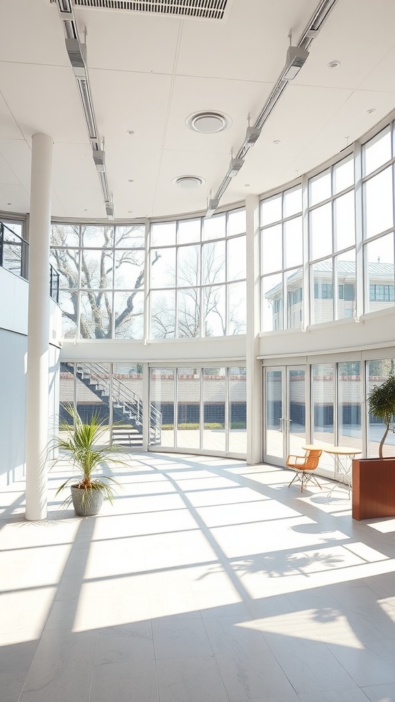 Bright room with large windows and a plant, showcasing natural light.