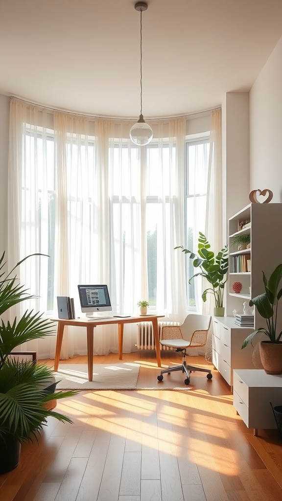 Bright home office with large windows and plants, showcasing natural light