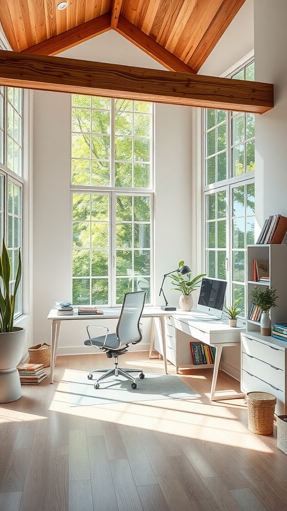 Bright home office with large windows, a desk, and greenery