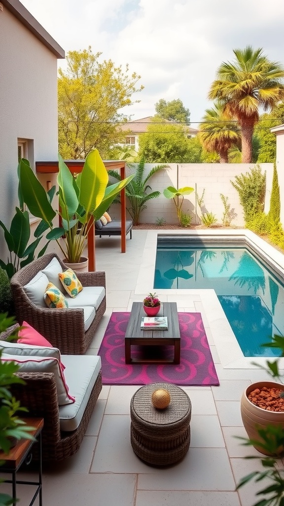 A small backyard with a rectangular swimming pool and a cozy sitting area featuring wicker furniture and vibrant cushions.