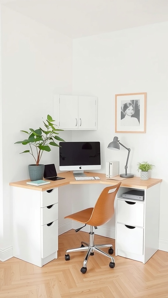 A modern corner desk setup with a computer, lamp, and plants.