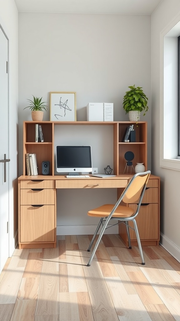 A small office setup featuring a wooden desk with a computer, shelves with books, and plants.