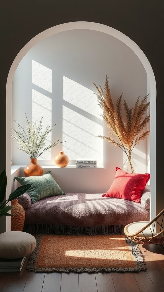 A cozy reading nook with a plush sofa, colorful cushions, and natural light streaming through a window, surrounded by plants.