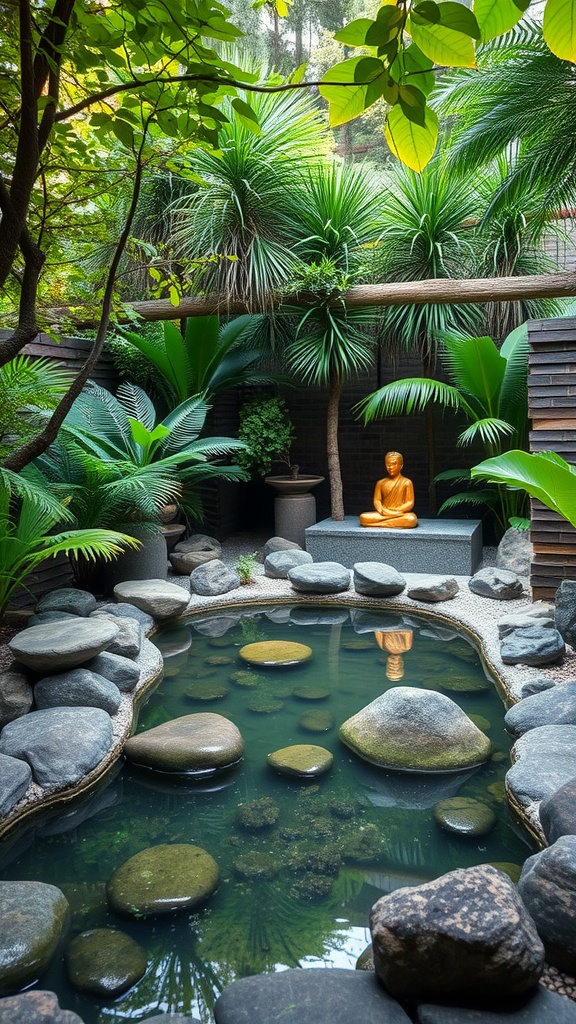 A serene meditation pool retreat surrounded by lush greenery and a golden Buddha statue.