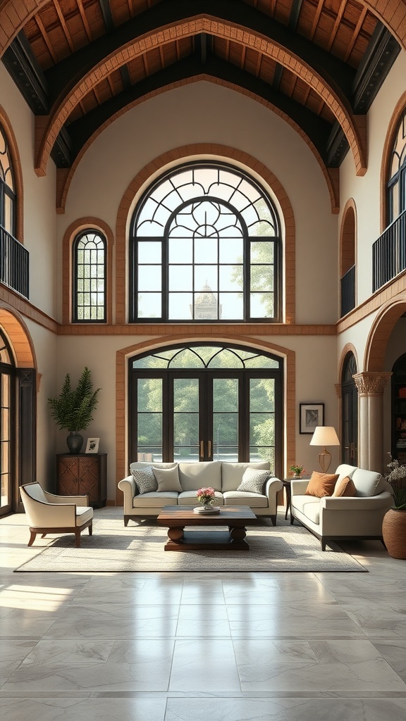 A living room with high wooden-beamed ceilings, large windows, and a blend of Mediterranean and Gothic design elements.