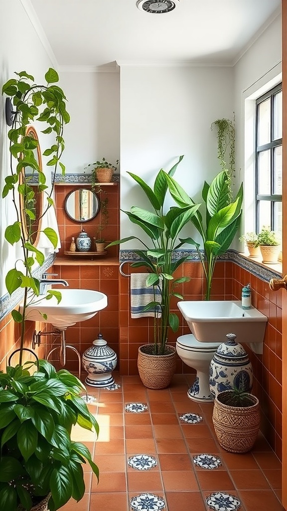 A Mediterranean-inspired bathroom with terracotta tiles, plants, and decorative elements.