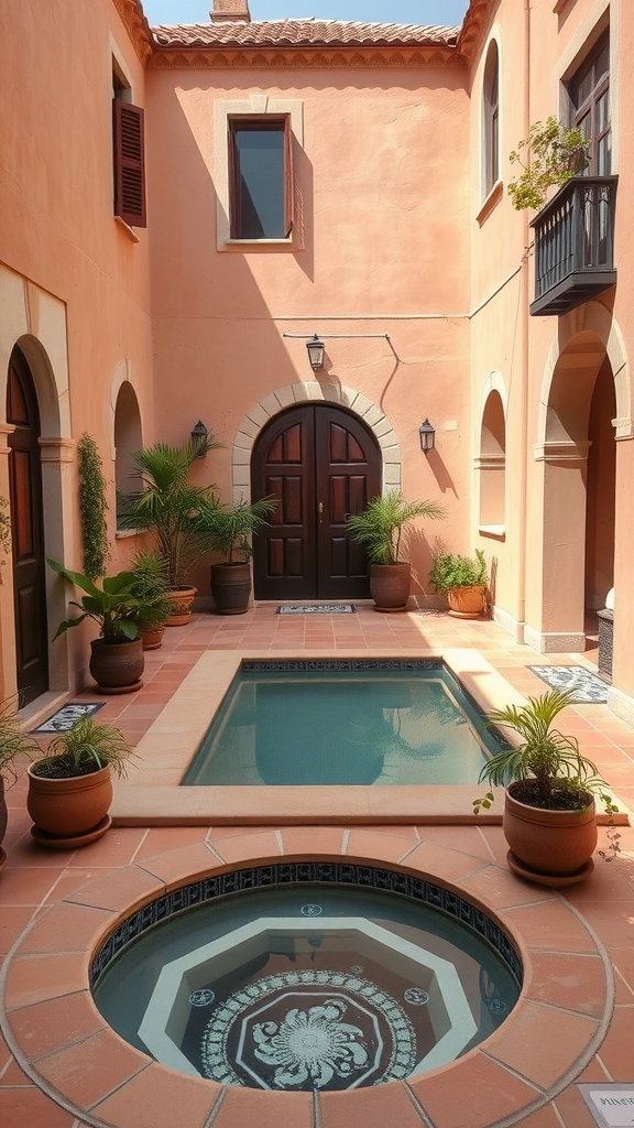 Mediterranean-style courtyard pool with a rectangular pool and a circular hot tub surrounded by potted plants.