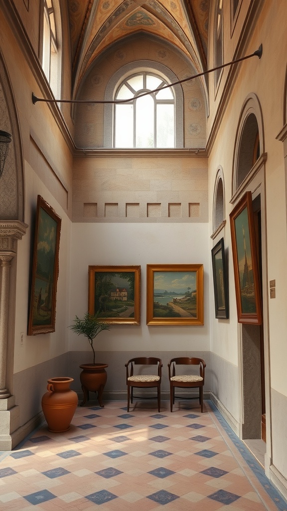 A beautifully designed living room with high ceilings, arched windows, Mediterranean artwork framed in gold, and terracotta pots.