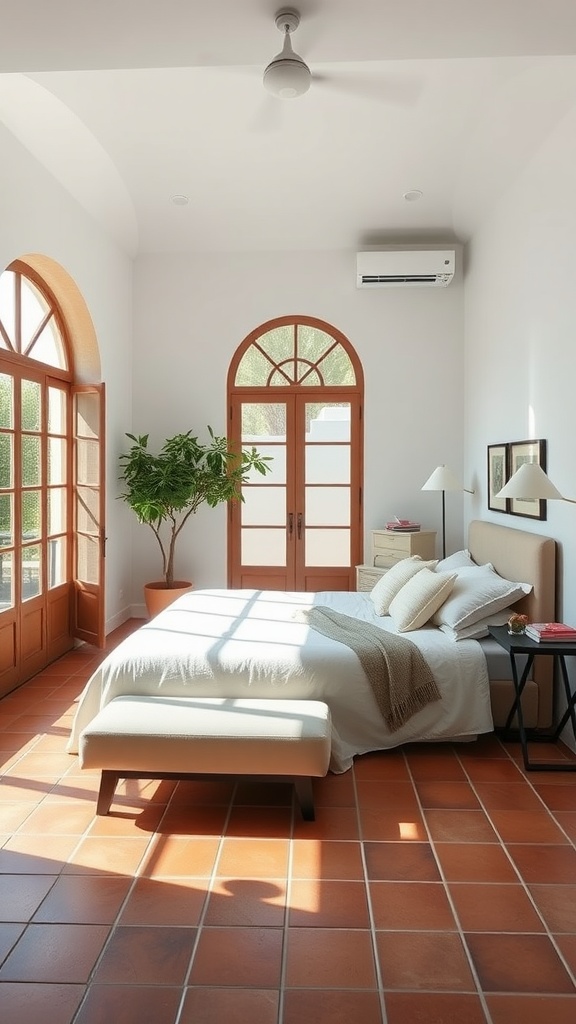 Mediterranean master bedroom with terracotta tiles and arched windows.