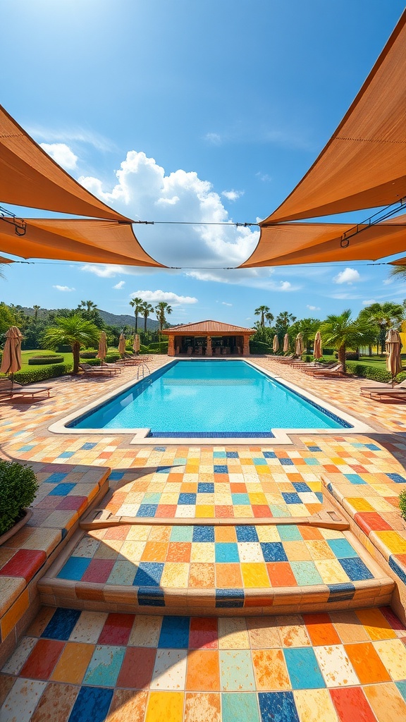 A vibrant community swimming pool with colorful tiled surroundings and unique shade structures.