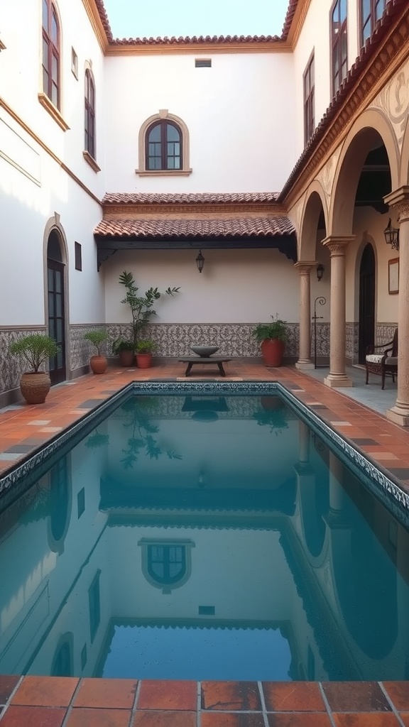 Mediterranean styled pool area with tiled flooring and surrounding architecture