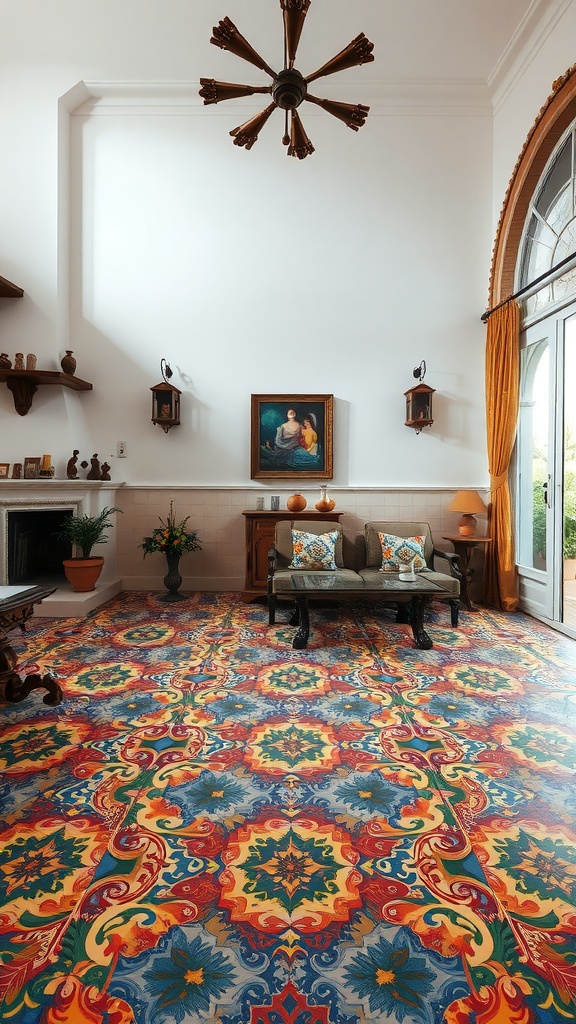 Living room featuring vibrant Mediterranean tiles with Gothic patterns, showcasing a blend of colors and intricate designs.