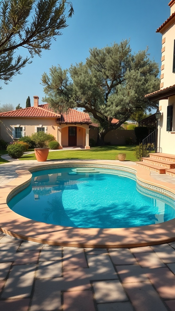 A beautiful Mediterranean villa with a small pool surrounded by greenery and terracotta tiles.
