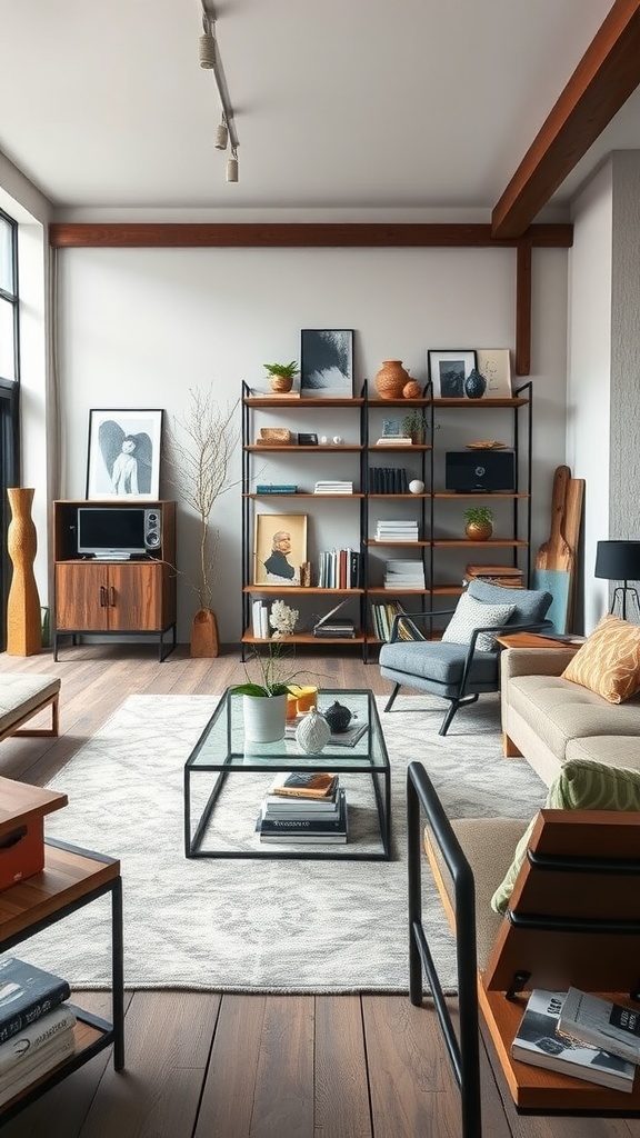 A stylish industrial living room featuring metal and wood fusion furniture.