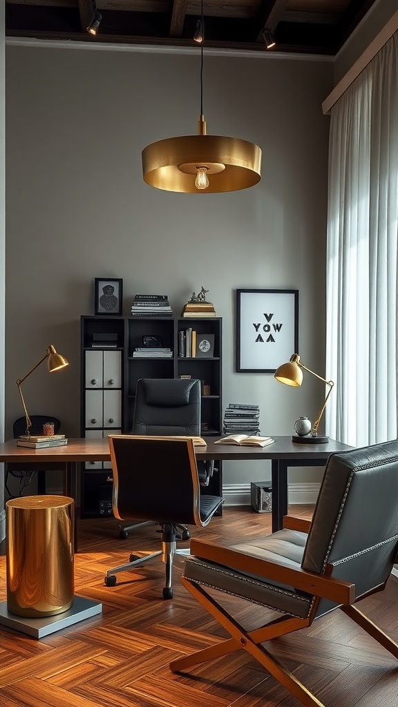 A stylish home office featuring metallic accents and fixtures, including a gold light fixture and stool, with a warm wooden desk and chairs.