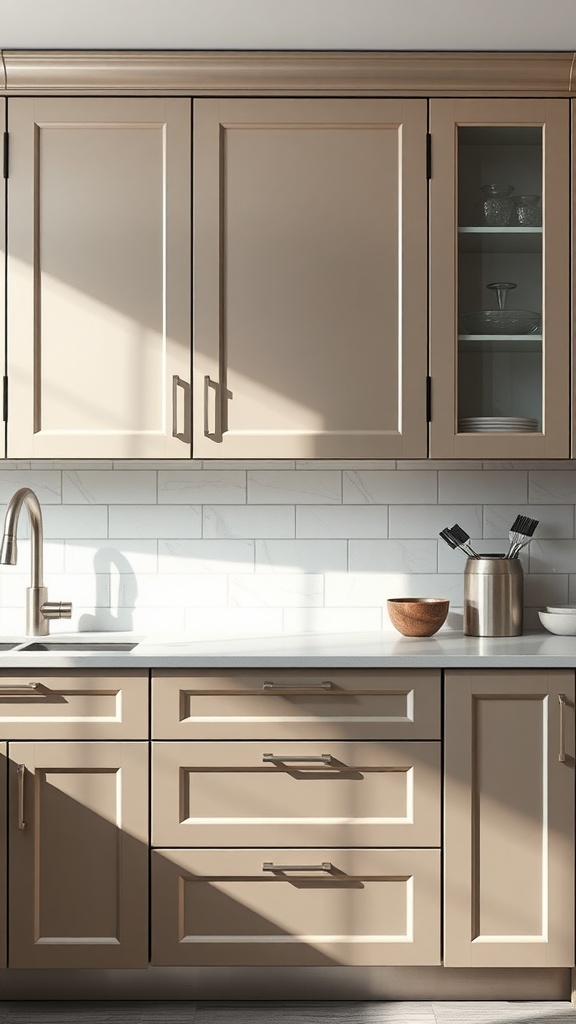 A modern kitchen featuring metallic finish cabinets with a sleek design and a light color palette.