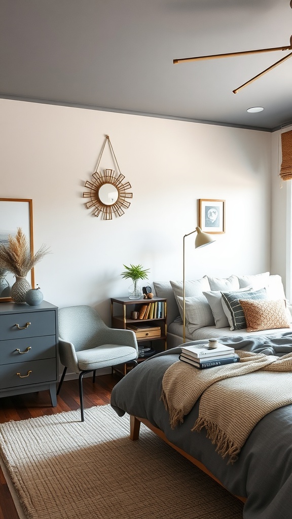 Mid-century modern grey bedroom with a grey sofa, natural wood floor, and stylish decor.