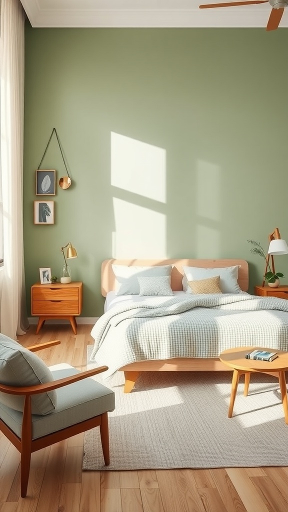 Mid-century modern sage green bedroom featuring a bed with light bedding, wooden furniture, and natural light.