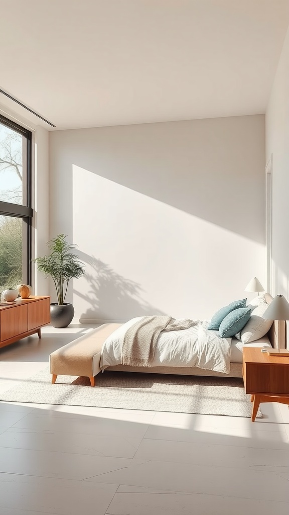 A mid-century modern master bedroom featuring a low-profile bed, warm wood furniture, and large windows.