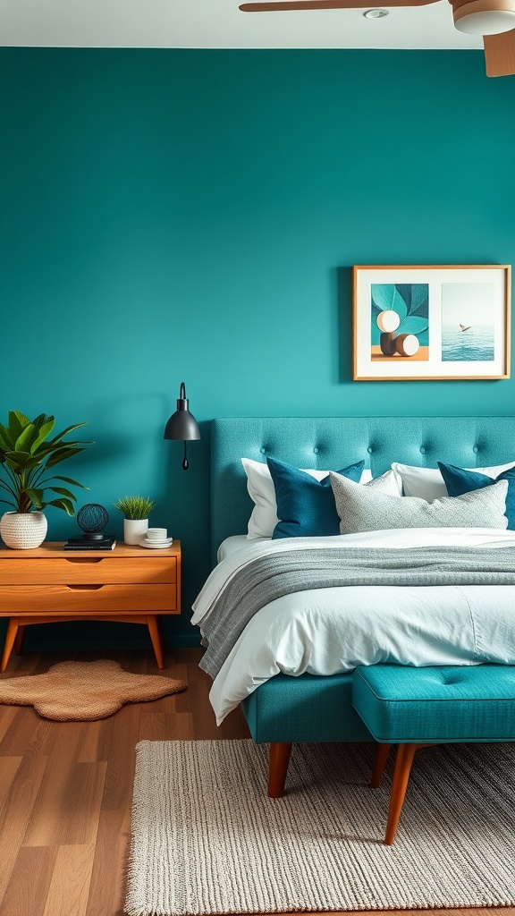 A mid-century modern bedroom featuring teal walls, a wooden bed, a blue chair, and natural light.