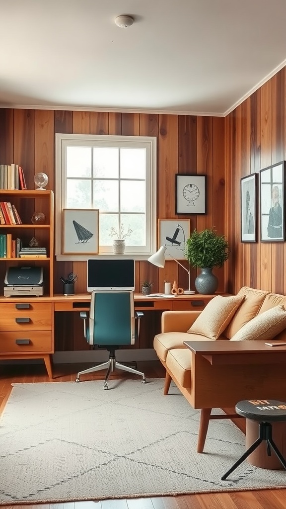 A mid-century modern home office featuring a cozy couch, wooden desk, and stylish decor.