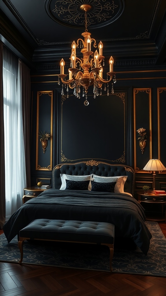 A luxurious bedroom featuring dark walls and golden accents, with a chandelier and plush bedding.