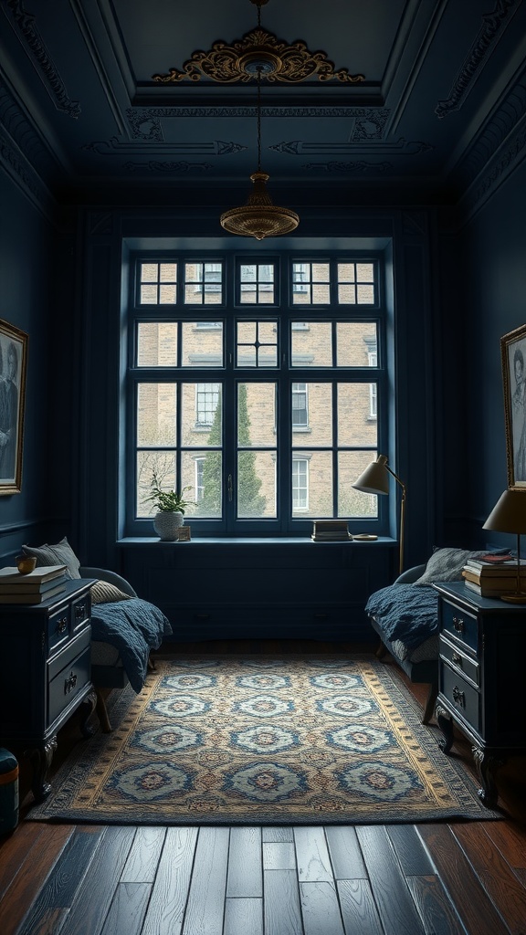 A cozy bedroom featuring a midnight blue and gold color palette, with ornate details and a warm atmosphere.
