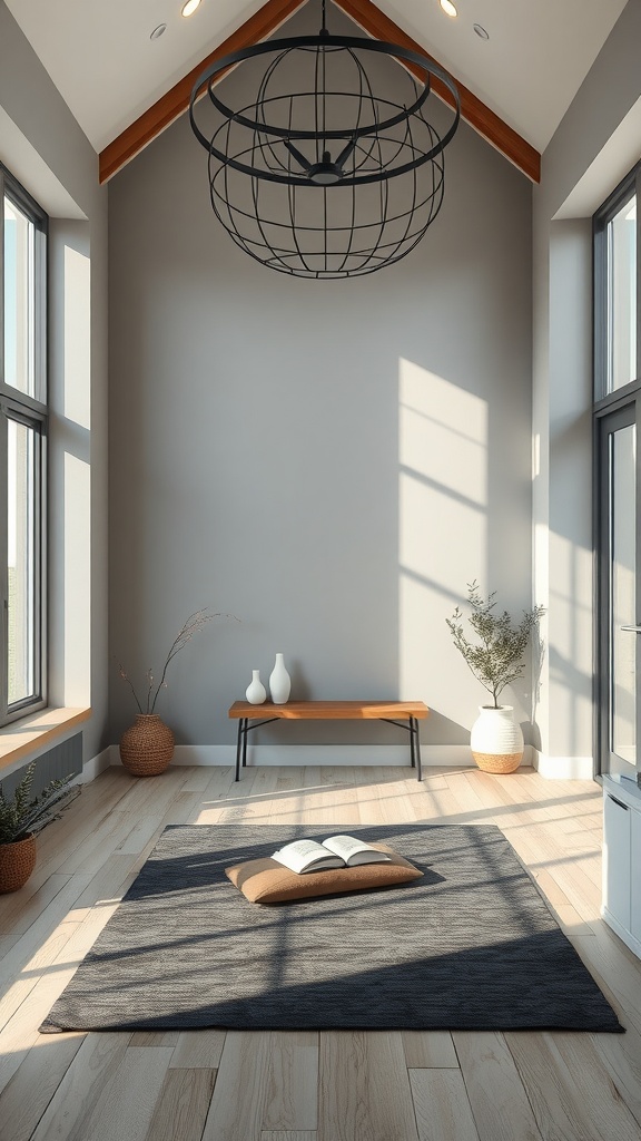 A spacious room featuring Mindful Gray paint, large windows, and minimalist decor with a cozy atmosphere.