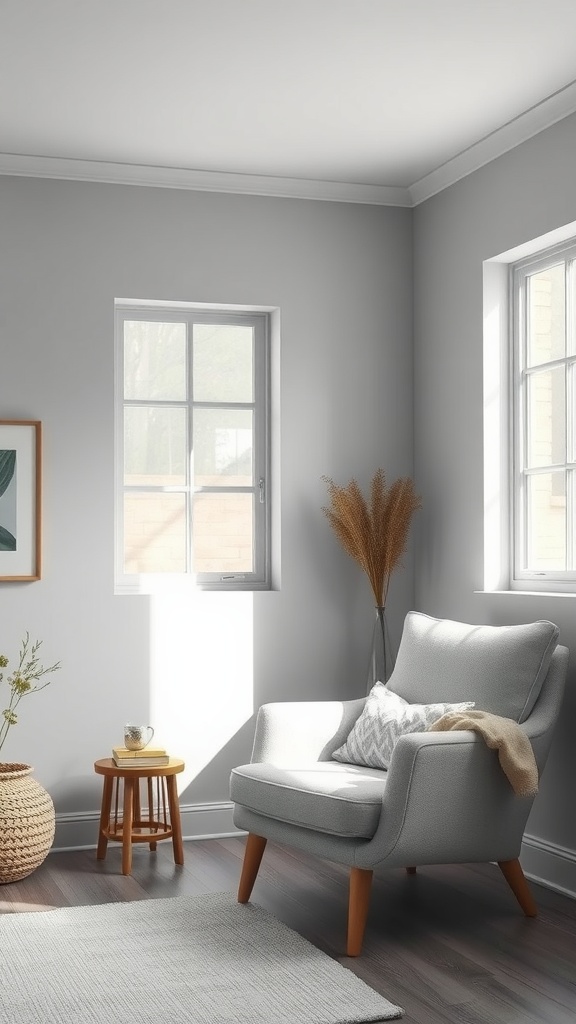 A cozy living room painted in Mindful Gray with a comfortable chair and natural decor.