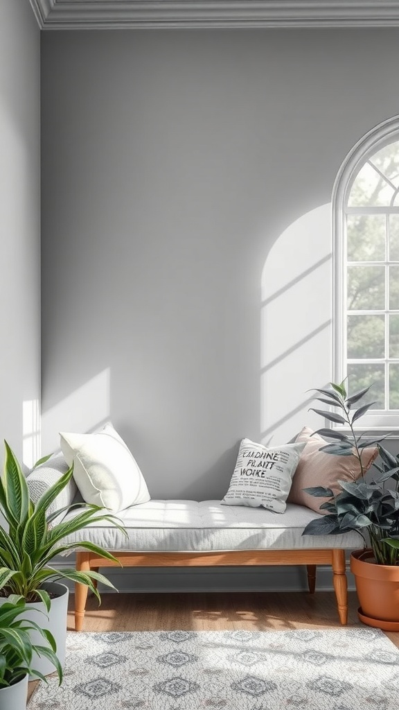 A cozy room featuring Mindful Gray walls, a light sofa with cushions, and houseplants by the window.