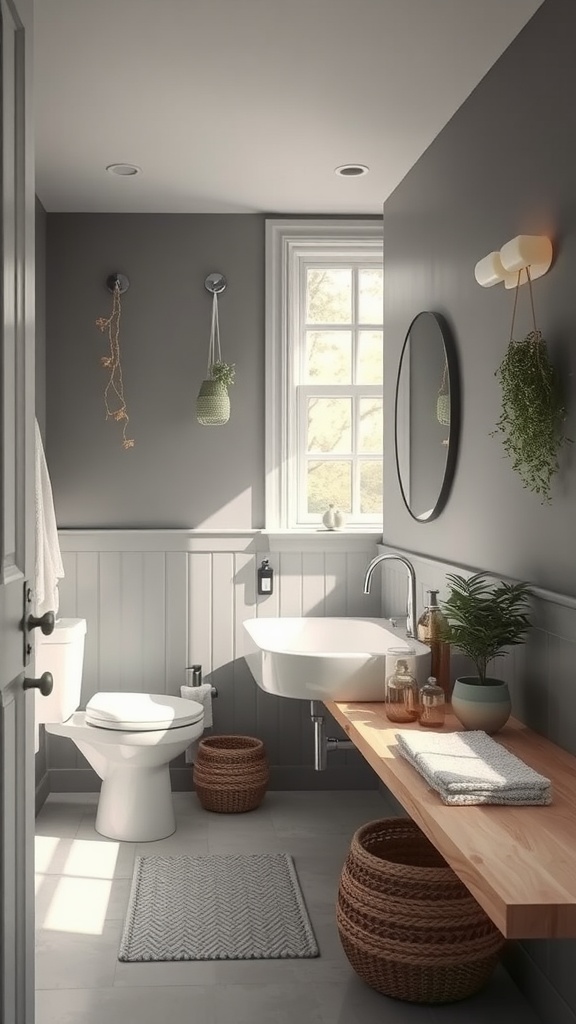 A calming bathroom featuring Mindful Gray paint on the walls, with natural light, plants, and wooden decor.