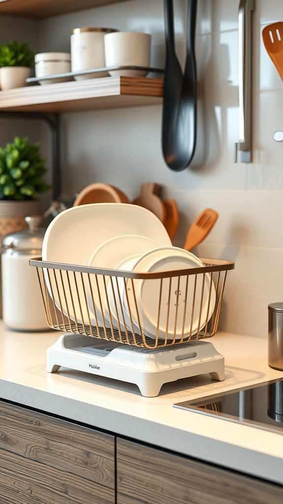A stylish miniature dish rack with plates drying on a small kitchen countertop.
