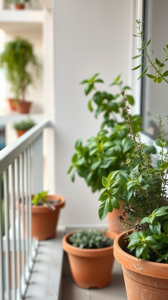 A small balcony with various potted herbs, showcasing a cozy and green atmosphere.