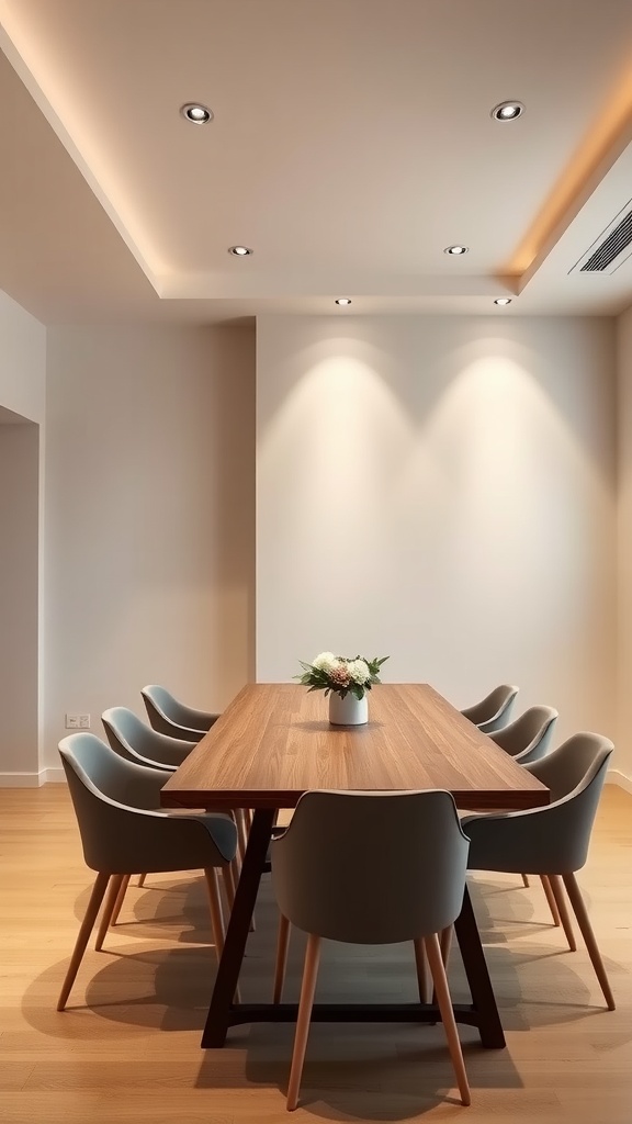 A minimal dining room with recessed lighting, featuring a wooden table and modern chairs.