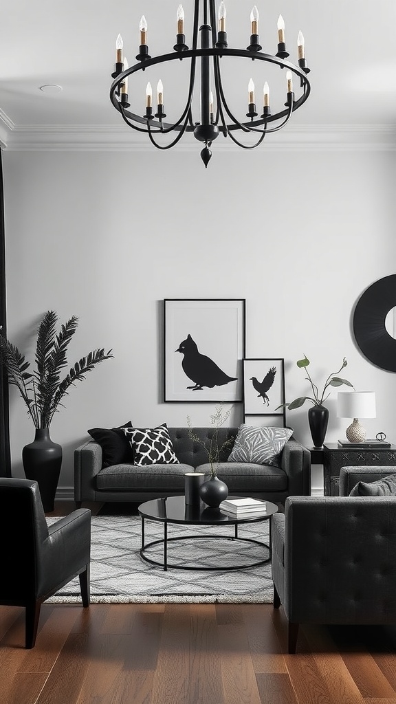 A minimalist living room with dark walls, featuring a modern chandelier, a striking artwork, and elegant accessories.