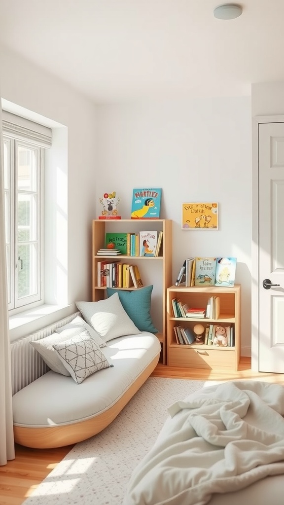 Minimalist bedroom with a cozy reading nook featuring a cushioned bench and a bookshelf filled with children's books.