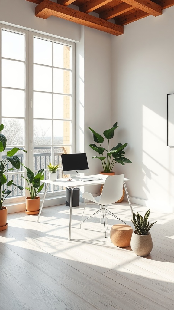 A bright and minimalist home office featuring a white desk, computer, and potted plants, with ample natural light coming through large windows.