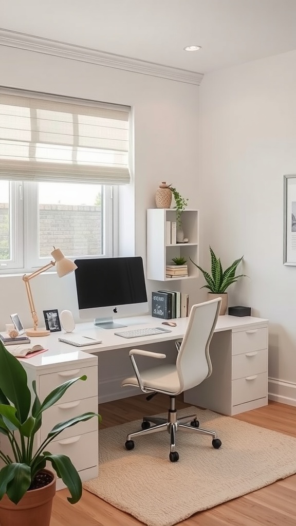 A minimalist home office setup featuring a light color palette with potted plants and a clean desk.