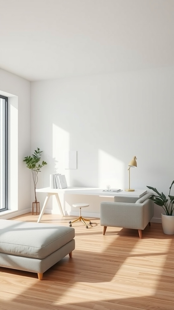 Minimalist home office with a light couch, desk, and plant.