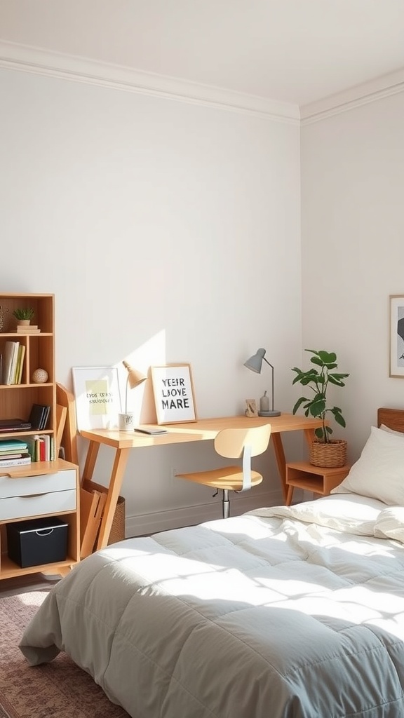 Minimalist home office guest room featuring a bed, desk, and natural light.