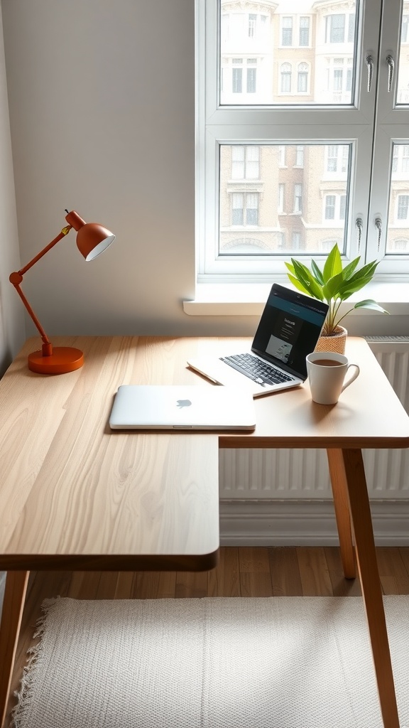 A minimalist desk setup with a wood desk, a laptop, a mug, a notepad, a plant, and a lamp by a window.